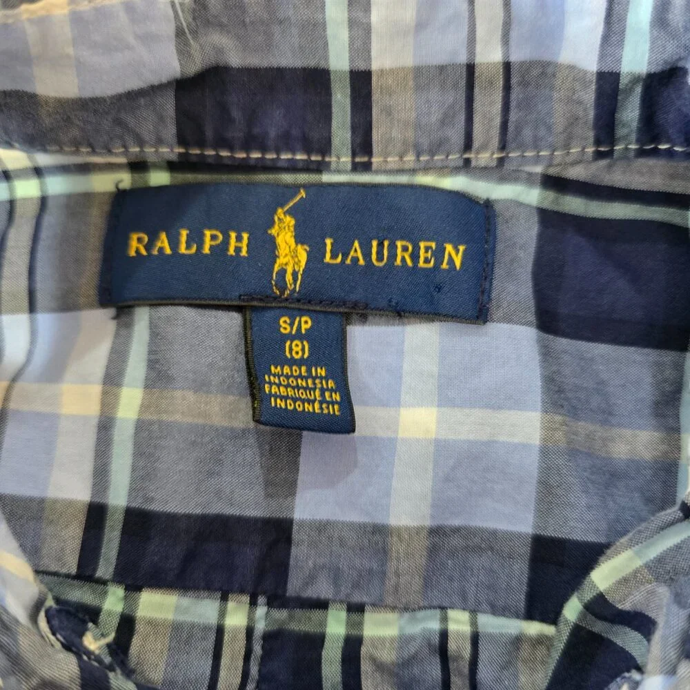 Ralph Lauren Boy's Long Sleeve Button Up Shirt Blue Plaid Poly Logo Size 8 Small